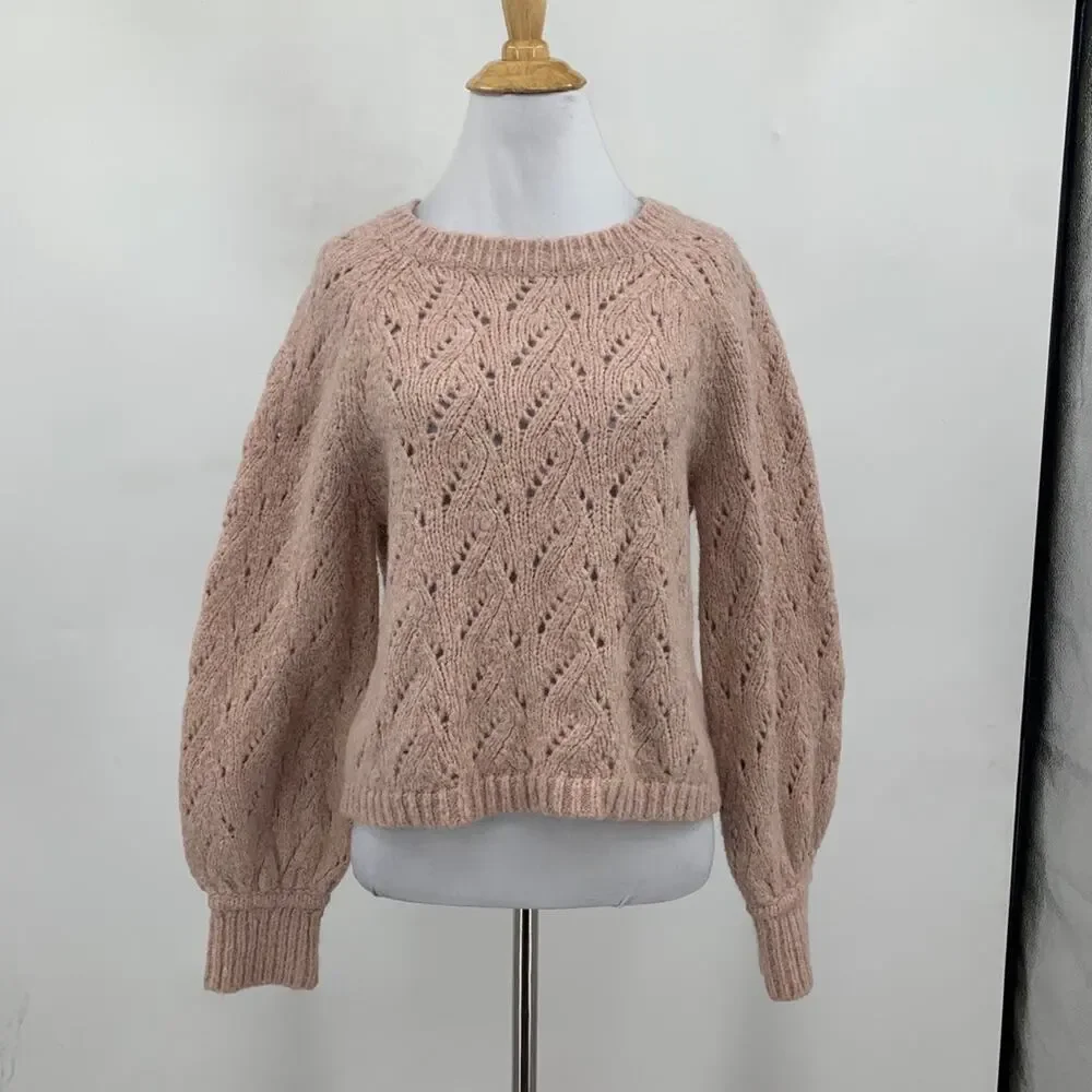 J.Crew Womens Sweater Womens S Small Pale Pink‎ Wool Blend Open Knit Pointelle
